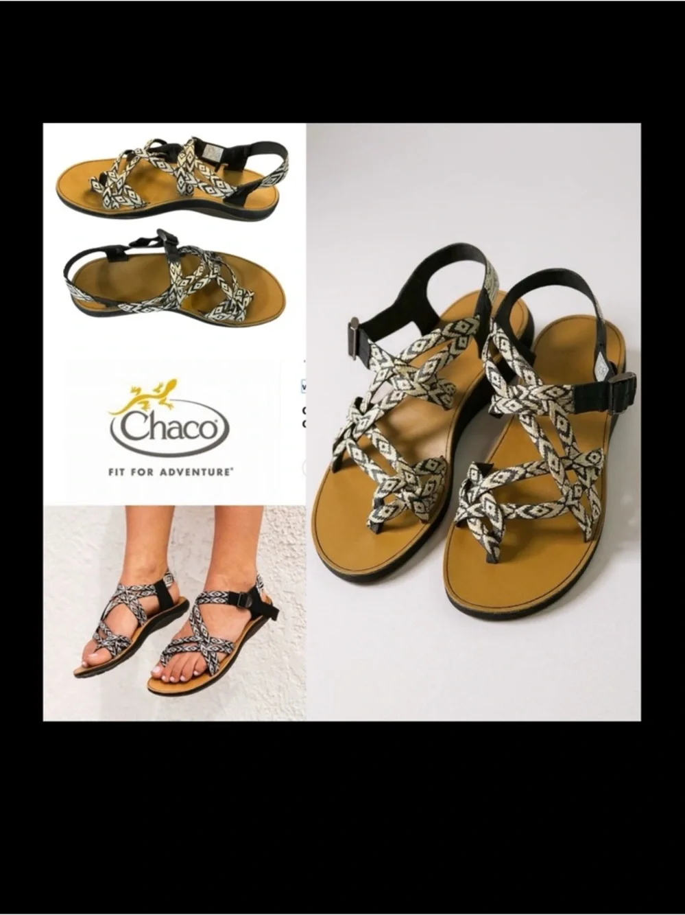 Chaco Diana Beveled white‎ and black double strap sandals with buckle. Size 8